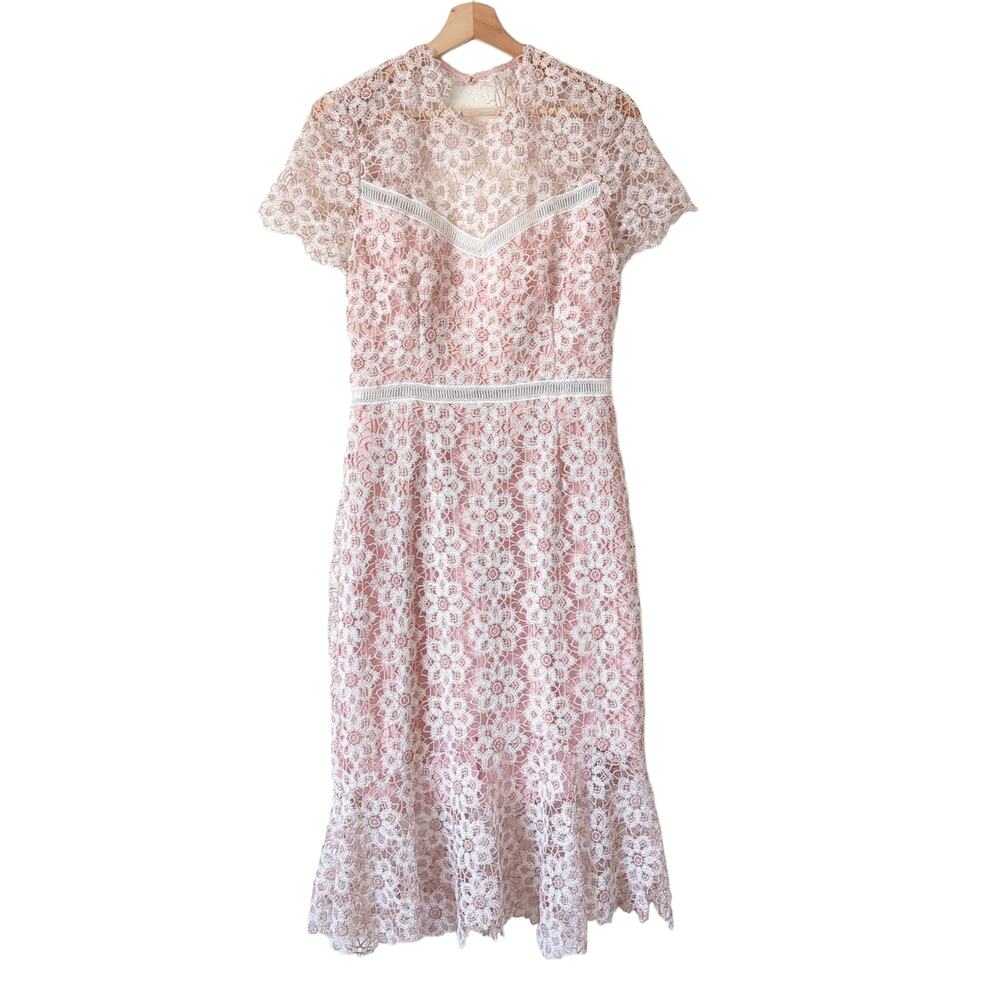 Saylor Womens‎ Dress Lace Midi Length Pink White Crochet Floral Medium $340
